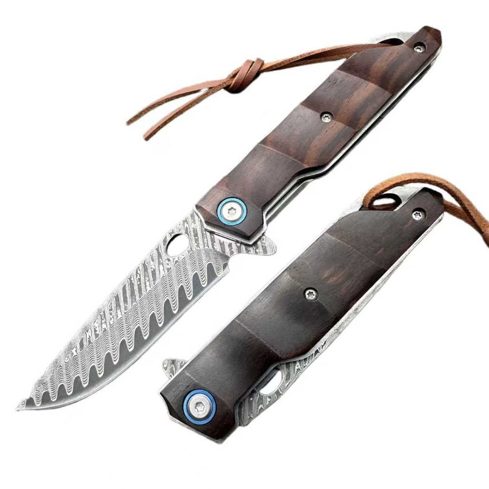 VG10 Damascus Wood Handle Folding Knife Dual Display