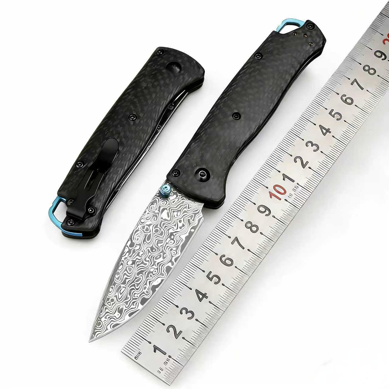 Damascus Folding Knife Wholesale — Carbon Fiber 535 Blue Accent - Image 3