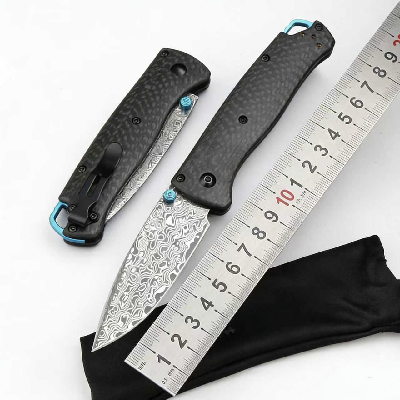 Damascus Folding Knife Wholesale — Carbon Fiber 535 Blue Accent - Image 2
