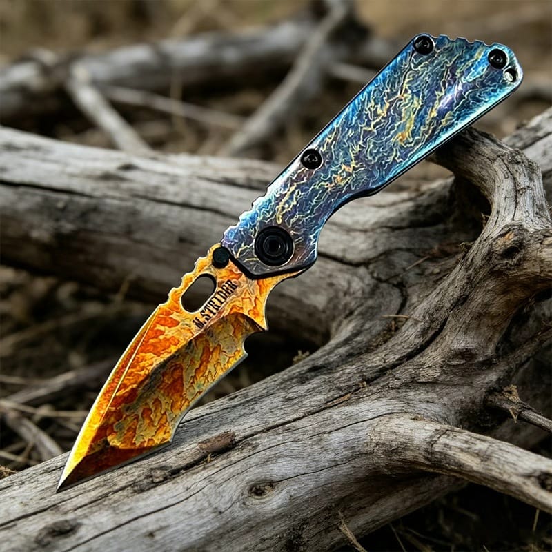Titanium Burn Pattern Folding Knife Open View